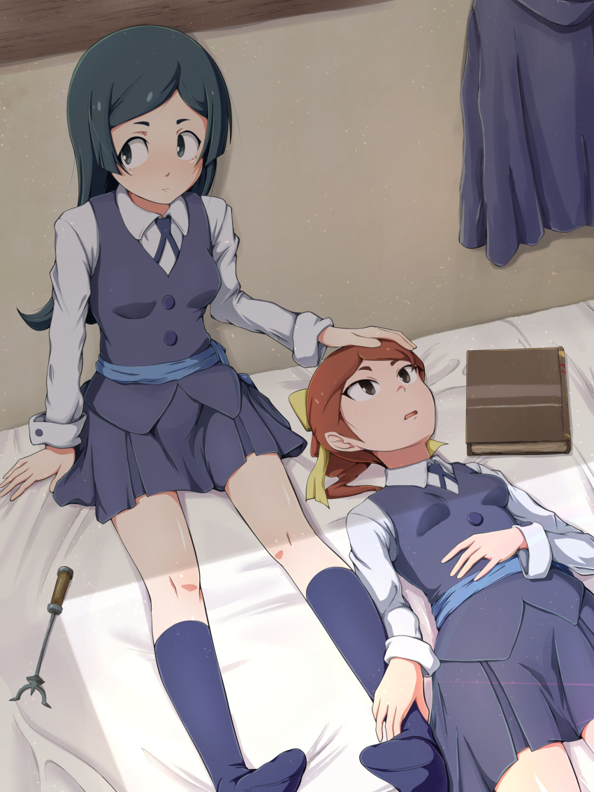 2girls against_wall barbara_parker bed bed_sheet bedroom black_eyes black_hair book breasts brown_eyes hair_ribbon hand_on_another's_head hand_on_another's_leg hand_on_own_chest hanna_england highres little_witch_academia long_hair looking_to_the_side luna_nova_school_uniform lying multiple_girls navy_blue_legwear no_shoes on_bed oshiza petting pleated_skirt ponytail redhead ribbon school_uniform sitting skirt small_breasts socks wand yellow_ribbon yuri