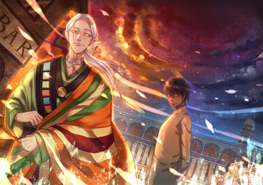 2boys absurdres acca_13-ku_kansatsu-ka brown_hair building dark_skin dark_skinned_male dutch_angle feathers flower grossular hair_feathers highres lilium_(acca) long_hair looking_at_viewer male_focus multiple_boys night night_sky outdoors sky standing traditional_clothes white_hair zhang_cup