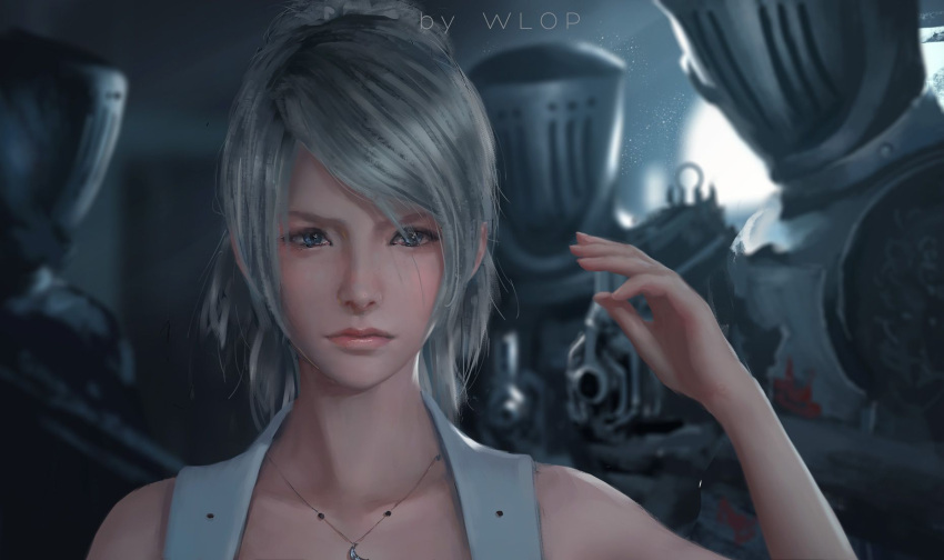 1girl arm_up artist_name backlighting bare_shoulders blue_eyes blurry closed_mouth collarbone depth_of_field dress expressionless final_fantasy final_fantasy_xv green_hair highres jewelry knight looking_at_viewer lunafreya_nox_fleuret necklace pendant pink_lips ponytail short_hair sleeveless sleeveless_dress solo_focus upper_body white_dress wlop