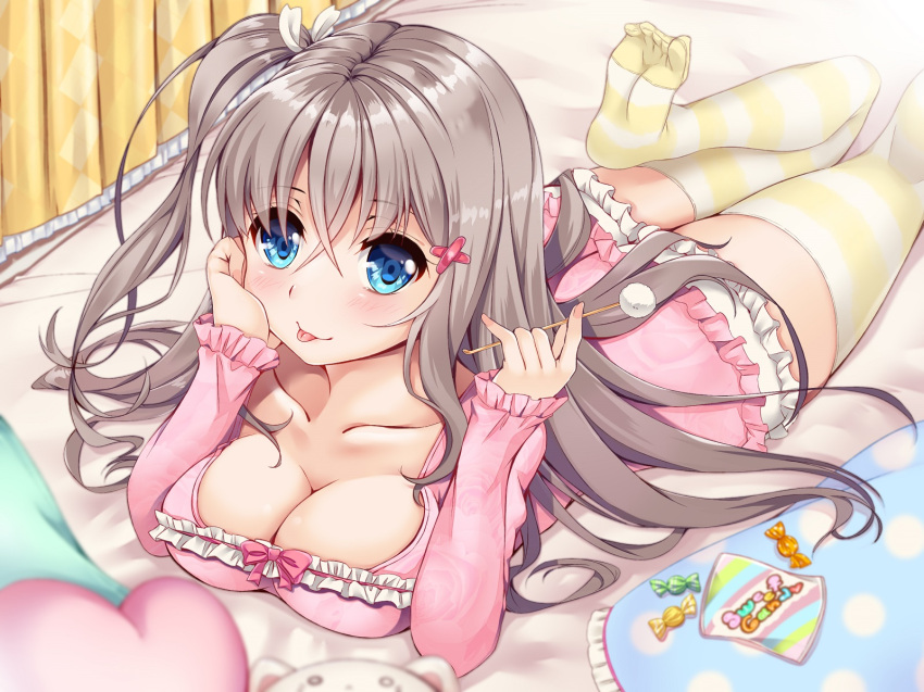 1girl :p arm_support bangs bed_sheet blue_eyes blush breasts brown_hair candy_wrapper cleavage closed_mouth collarbone commentary_request curtains eyebrows_visible_through_hair fingernails frilled_shirt frilled_shorts frills hair_between_eyes hair_ornament hair_ribbon heart heart_pillow highres holding ko_yu long_hair lying medium_breasts mimikaki nail_polish no_shoes on_stomach original pillow pink_nails pink_shirt polka_dot ribbon shirt short_shorts shorts side_ponytail sleeves_past_wrists smile soles solo striped striped_legwear thigh-highs tongue tongue_out very_long_hair white_ribbon white_shorts x_hair_ornament