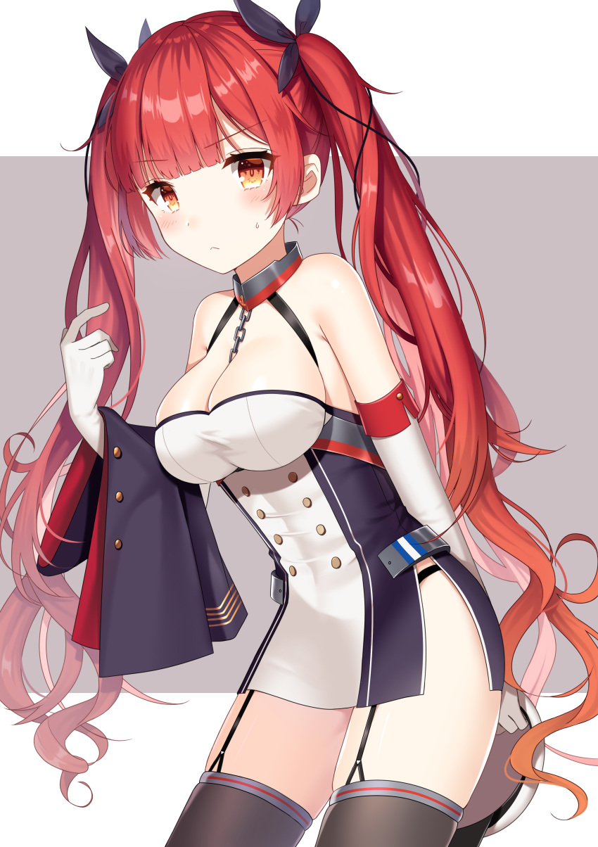 1girl absurdres azur_lane bangs bare_shoulders black_bow black_legwear blunt_bangs blush bow breasts chains cleavage closed_mouth cowboy_shot dress elbow_gloves eyebrows_visible_through_hair garter_straps gloves hair_bow highres holding_jacket honolulu_(azur_lane) izumo_neru large_breasts light_frown long_hair looking_at_viewer redhead short_dress side_slit sidelocks solo sweatdrop twintails wavy_hair white_gloves