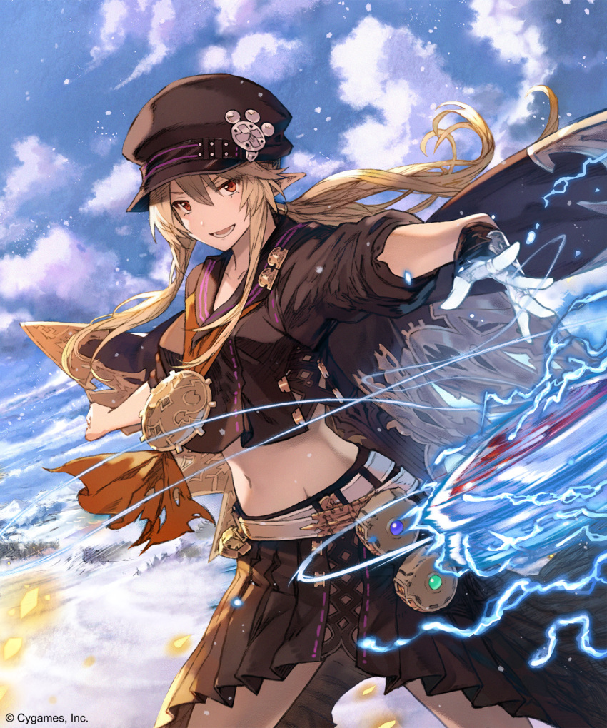 1girl black_hat black_shirt black_skirt blonde_hair blue_sky breasts clouds collarbone day electricity ezusuke floating_hair hair_between_eyes hat highres long_hair medium_breasts midriff miniskirt navel outdoors outstretched_arms red_eyes shingeki_no_bahamut shirt sidelocks skirt sky solo stomach wings