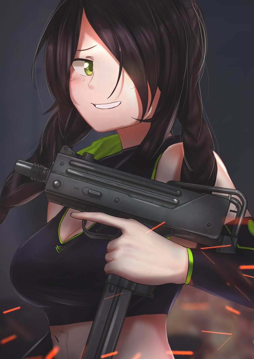 1girl absurdres black_hair black_shirt braid breasts cleavage commentary commission faiz_azhar girls_frontline green_eyes grey_background grin gun hair_over_one_eye highres holding holding_gun holding_weapon large_breasts long_hair looking_at_viewer mac-10 mac-10_(girls_frontline) shirt simple_background smile solo sparks submachine_gun trigger_discipline twin_braids upper_body weapon