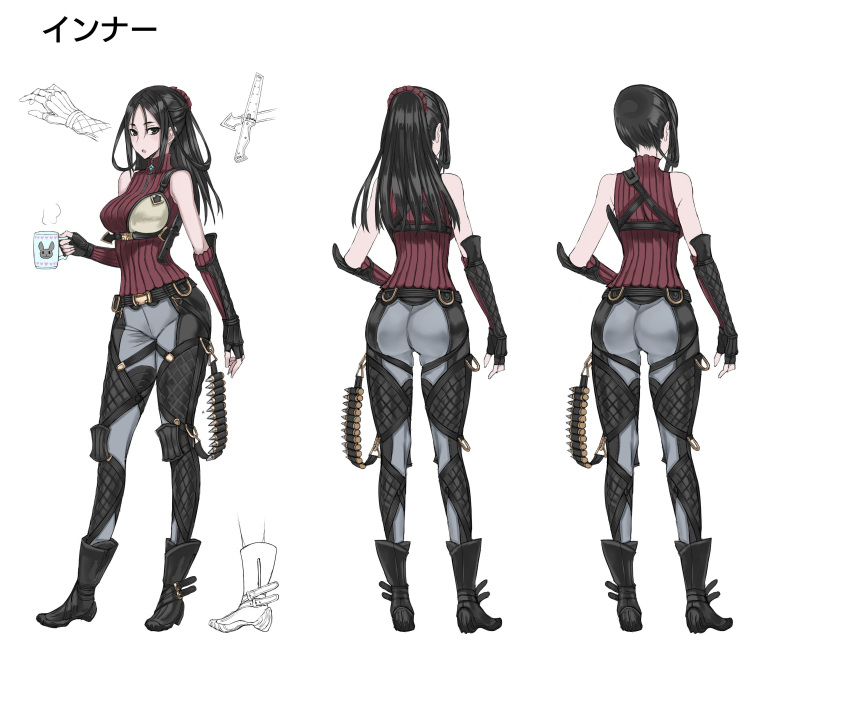 1girl absurdres ankle_boots ass bangs bare_shoulders black_eyes black_footwear black_hair boots breasts commentary_request concept_art elbow_gloves fingerless_gloves full_body glass gloves highres holding holster honjou_raita knife large_breasts long_hair looking_at_viewer multiple_views official_art open_mouth pants ribbed_sweater senjou_no_valkyria senjou_no_valkyria_4 simple_background sleeveless standing sweater turnaround white_background