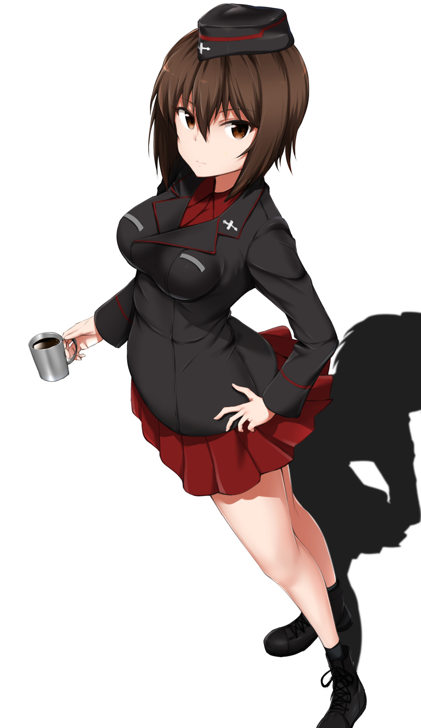 1girl absurdres ankle_boots bangs black_footwear black_hat black_jacket black_legwear boots brown_eyes brown_hair closed_mouth coffee coffee_mug commentary_request cross-laced_footwear dress_shirt eyebrows_visible_through_hair full_body garrison_cap girls_und_panzer hand_on_hip hat highres holding jacket kirikan kuromorimine_military_uniform lace-up_boots long_sleeves looking_at_viewer military military_hat military_uniform miniskirt nishizumi_maho pleated_skirt red_shirt red_skirt shadow shirt short_hair simple_background skirt socks solo standing uniform white_background wing_collar