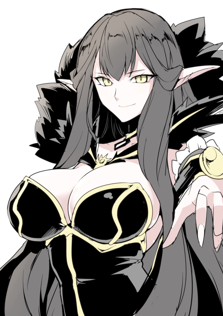 1girl absurdres black_dress breasts closed_mouth commentary_request dress fate/apocrypha fate_(series) fingernails grey_hair harukon_(halcon) highres large_breasts long_hair nail_polish pointy_ears semiramis_(fate) simple_background slit_pupils smile solo upper_body very_long_hair white_background white_nails yellow_eyes