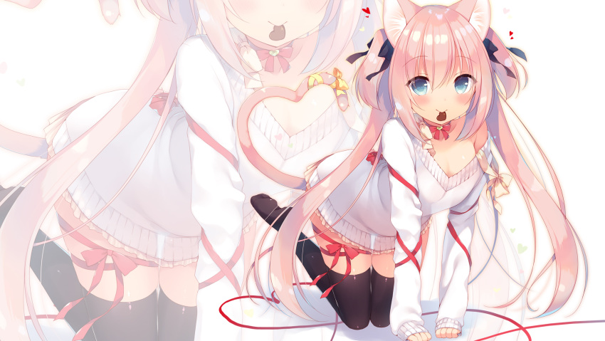 1girl all_fours animal_ears black_legwear blue_eyes bow breasts cat_ears cat_tail chocolate chocolate_heart choker cleavage dress food_in_mouth hair_bow hair_ribbon heart highres long_hair looking_at_viewer mouth_hold original pink_hair red_bow red_ribbon ribbon ribbon_choker sazaki_ichiri see-through_silhouette simple_background smile solo tail tail_bow tail_ribbon thigh-highs thigh_bow thigh_ribbon two_side_up valentine white_background white_dress yellow_bow yellow_ribbon zettai_ryouiki zoom_layer