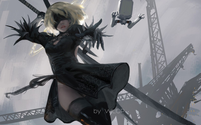 1girl arm_up artist_name backlighting black_dress black_gloves blindfold blonde_hair breasts cleavage cleavage_cutout cowboy_shot dress from_below gloves grey_background hairband highres holding holding_sword holding_weapon lips medium_breasts mole mole_under_mouth nier_(series) nier_automata outstretched_arm panties panty_peek parted_lips pod_(nier_automata) puffy_sleeves robot short_dress short_hair side_slit silver_hair sketch sword thigh-highs underwear vambraces weapon white_panties wlop yorha_no._2_type_b
