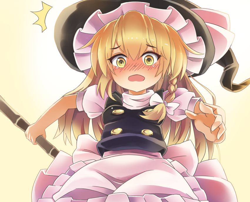 /\/\/\ 1girl apron bamboo_broom blonde_hair blush braid broom d: hat houshiruri kirisame_marisa long_hair open_mouth puffy_short_sleeves puffy_sleeves short_sleeves side_braid single_braid solo surprised touhou turtleneck vest waist_apron witch_hat yellow_eyes