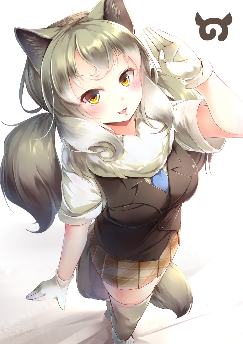 1girl :d absurdres animal_ears character_request commentary_request eastern_wolf_(kemono_friends) fang from_above fur_collar gloves grey_hair highres japari_symbol kanzakietc kemono_friends long_hair looking_at_viewer low_twintails open_mouth plaid plaid_skirt pleated_skirt salute short_sleeves skirt smile solo tail twintails white_gloves wolf_ears wolf_tail yellow_eyes