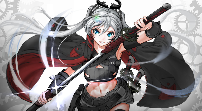 1girl absurdres armpits asagon007 black_cape blue_eyes cape floating_hair grey_skirt grin hair_between_eyes hair_ornament highres holding holding_sheath holding_sword holding_weapon long_hair looking_at_viewer midriff miniskirt navel original sheath silver_hair skirt smile solo stomach sword twintails unsheathing very_long_hair weapon