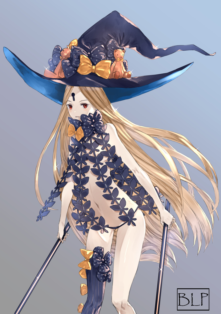 1girl abigail_williams_(fate/grand_order) absurdres bangs black_bow black_hat black_panties blonde_hair blue_background bow chubit001 closed_mouth commentary fate/grand_order fate_(series) gradient gradient_background grey_background hat hat_bow highres holding long_hair looking_away navel orange_bow panties parted_bangs red_eyes revealing_clothes solo stuffed_animal stuffed_toy teddy_bear topless underwear very_long_hair witch_hat