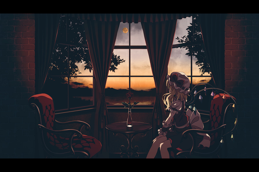 1girl blonde_hair bottle bow brick_wall chair clouds curtains dise facing_away flandre_scarlet flower from_side full_moon gradient_sky hand_on_own_thigh hat hat_bow indoors lake letterboxed looking_out_window mob_cap moon mountainous_horizon puffy_short_sleeves puffy_sleeves red_bow red_flower red_rose red_skirt red_vest rose short_hair short_sleeves side_ponytail sitting skirt solo table touhou tree twilight vest white_bow wings wrist_cuffs