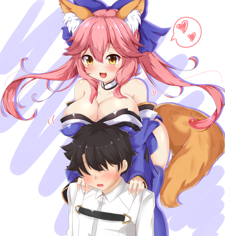 1boy 1girl :3 animal_ears bare_shoulders black_hair blue_legwear blue_ribbon blush breasts cleavage collarbone detached_sleeves embarrassed faceless faceless_male fate/grand_order fate_(series) fox_ears fox_tail fujimaru_ritsuka_(male) hair_ribbon heart highres japanese_clothes large_breasts niku114514810 open_mouth pink_hair ribbon speech_bubble tail tamamo_(fate)_(all) tamamo_no_mae_(fate) wavy_mouth yellow_eyes