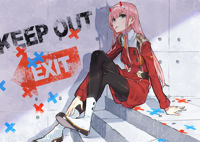 1girl absurdres black_legwear blue_eyes candy darling_in_the_franxx eyebrows_visible_through_hair food hairband highres horns lollipop long_hair looking_at_viewer pantyhose pink_hair sitting solo teshima_nari uniform white_hairband zero_two_(darling_in_the_franxx)