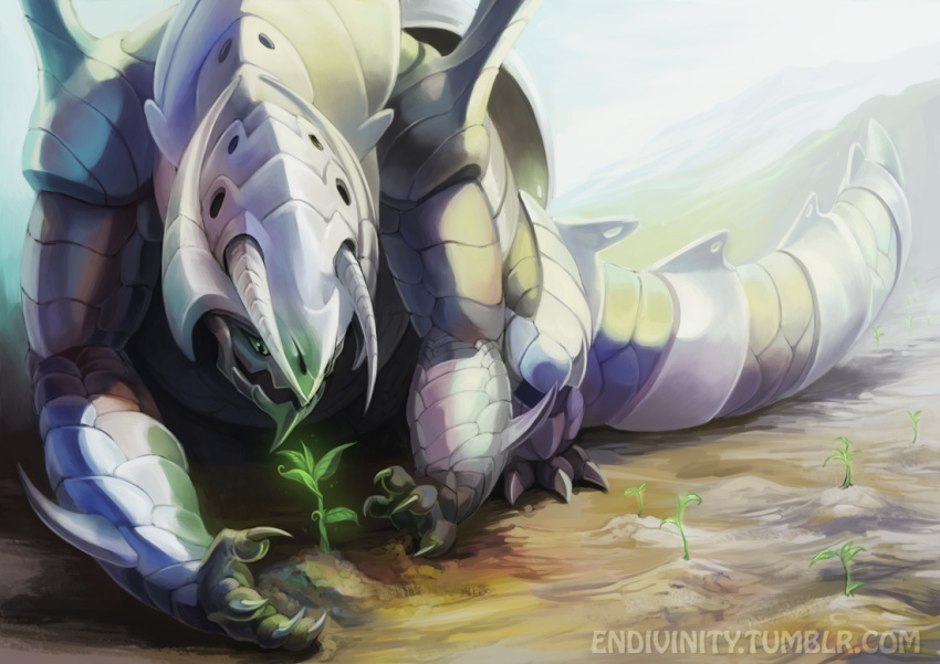 aggron endivinity horns mega_aggron nature no_humans outdoors plant planting pokemon pokemon_(creature) pokemon_(game) pokemon_xy realistic sapling watermark web_address