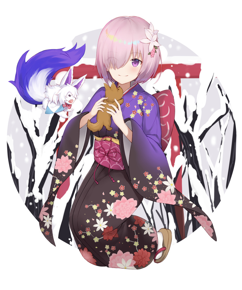 animal dog eyes_visible_through_hair fate/grand_order fate_(series) floral_print flower fou_(fate/grand_order) hair_flower hair_ornament hair_over_one_eye highres holding holding_animal japanese_clothes kimono looking_at_viewer mash_kyrielight obi pink_hair sash short_hair smile snow snowing torii violet_eyes white_flower white_legwear yukarite yukata