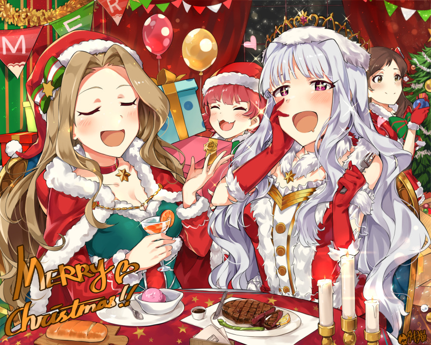 4girls :d blush box break breasts brown_eyes brown_hair cape capelet choker christmas_tree cleavage closed_eyes fangs food fur_trim gift gift_box gloves hat highres holding idolmaster idolmaster_million_live! indoors jewelry kitazawa_shiho long_hair medium_breasts merry_christmas multiple_girls necklace nikaidou_chizuru nonohara_akane open_mouth red_cape red_gloves red_hat redhead santa_hat shijou_takane short_hair silver_hair smile star steak tuxedo_de_cat upper_body very_long_hair