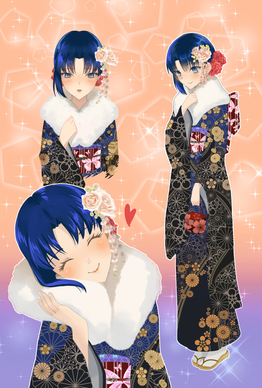 blue_eyes blue_hair blush ciel cropped_torso fur-trimmed_kimono fur_trim hand_on_own_chest heart highres japanese_clothes kimono multiple_views oceanbellereine parted_lips short_hair smile tsukihime wide_sleeves