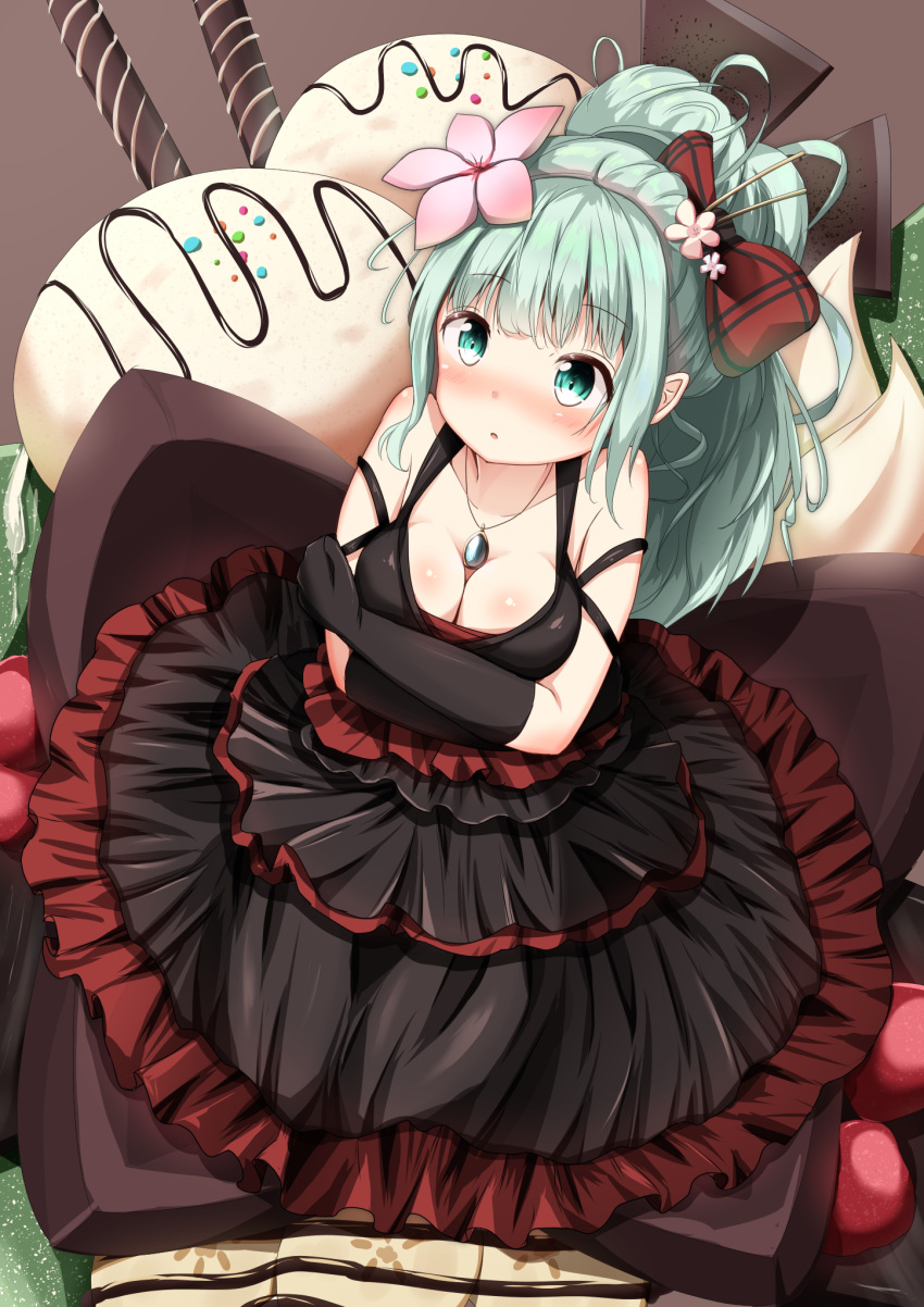 1girl black_dress black_gloves blush breasts chocolate cleavage dress elbow_gloves flower gloves green_eyes green_hair hair_between_eyes hair_flower hair_ornament hair_ribbon highres jewelry kantai_collection long_hair mochiyuki necklace open_mouth ponytail red_ribbon ribbon solo yamakaze_(kantai_collection)