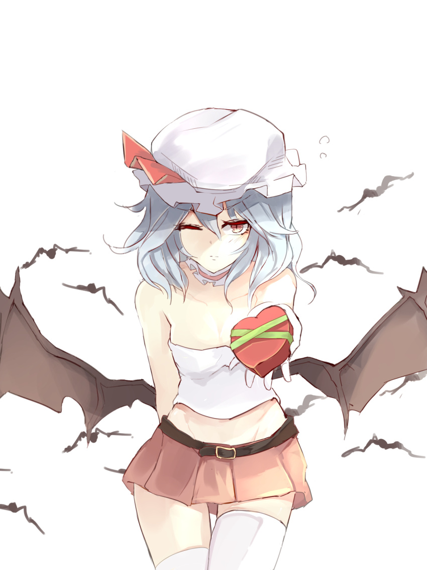 1girl arm_behind_back bare_shoulders bat belt blue_hair blush breasts choker cleavage collarbone cowboy_shot demon_wings expressionless gift groin hat heart-shaped_box highres holding holding_gift medium_hair miniskirt mob_cap one_eye_closed red_eyes red_skirt remilia_scarlet simple_background skirt slit_pupils small_breasts solo thigh-highs touhou valentine vampire white_background white_crop_top white_legwear wings yu_kitsune