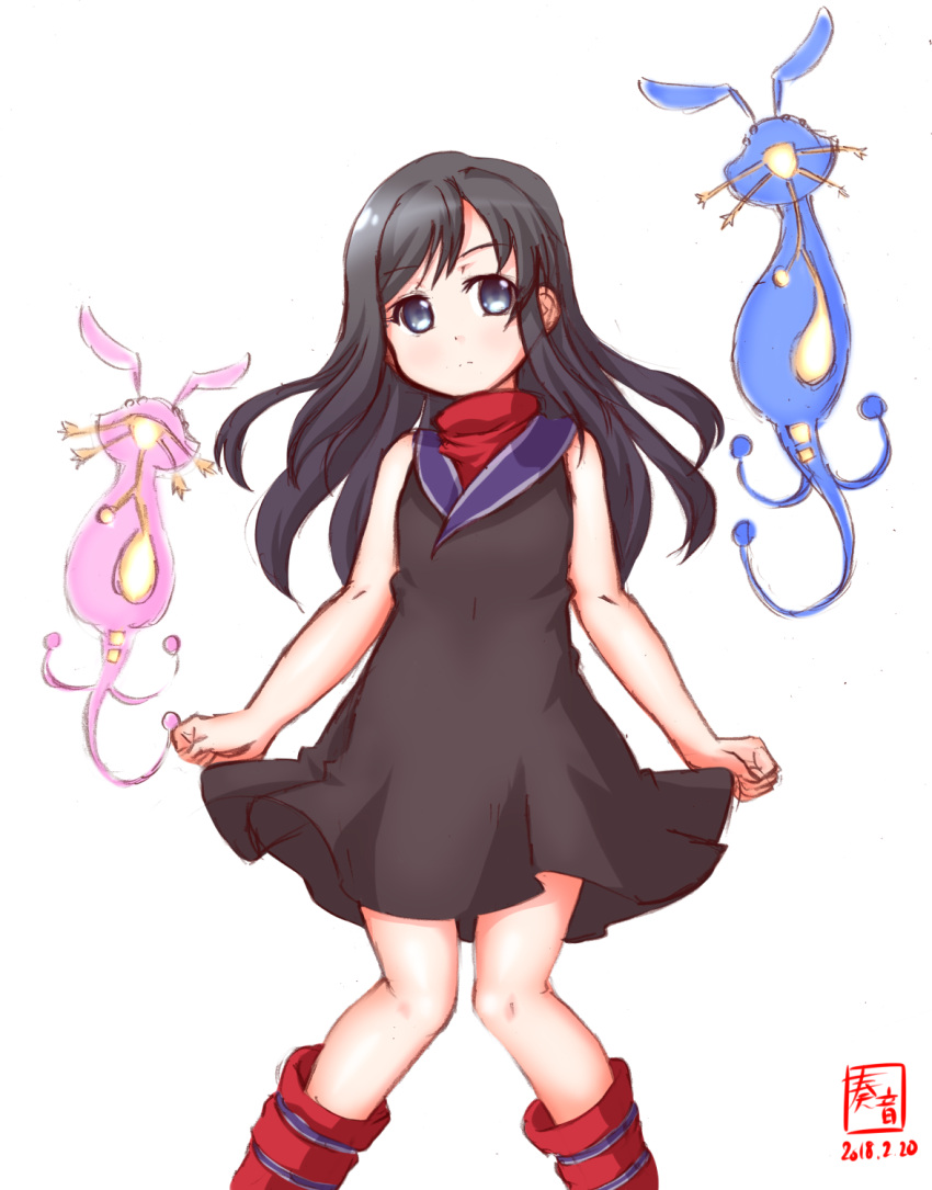 1girl asashio_(kantai_collection) beatrice_(wild_arms) beatrice_(wild_arms)_(cosplay) black_dress black_hair blue_eyes boots commentary_request cosplay dated dress highres kanon_(kurogane_knights) kantai_collection knees_together_feet_apart logo long_hair looking_at_viewer rabbit red_footwear simple_background sleeveless sleeveless_dress solo standing white_background wild_arms wild_arms_3