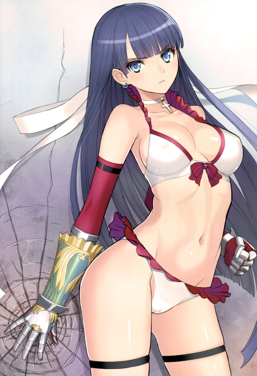 1girl absurdres bangs bare_shoulders bikini blue_eyes blue_hair breasts choker cleavage clenched_hand collarbone cracked_wall earrings elbow_gloves erect_nipples eyebrows_visible_through_hair fate/grand_order fate_(series) gauntlets gloves gradient hand_on_wall highres jewelry long_hair looking_at_viewer medium_breasts navel rosary saint_martha saint_martha_(swimsuit_ruler)_(fate) scan serious shiny shiny_skin solo swimsuit tanaka_takayuki thigh_strap very_long_hair white_bikini