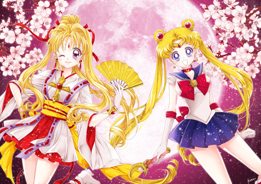 2girls :d bangs bishoujo_senshi_sailor_moon blonde_hair blue_eyes blue_sailor_collar blue_skirt bow brooch cherry_blossoms choker circlet closed_mouth cowboy_shot crescent crescent_earrings cross crossover double_bun earrings elbow_gloves fan folding_fan full_moon gloves hair_intakes hair_ornament hair_ribbon hairpin holding holding_wand jewelry kaitou_jeanne kamikaze_kaitou_jeanne kusakabe_maron long_hair looking_at_viewer magical_girl moon moon_stick multiple_girls obi one_eye_closed open_mouth parted_bangs pink_background pink_moon pleated_skirt ponytail red_bow red_neckwear red_ribbon red_skirt ribbon sailor_collar sailor_moon sailor_senshi_uniform sarashina_kau sash skirt smile tsukino_usagi twintails violet_eyes wand white_gloves
