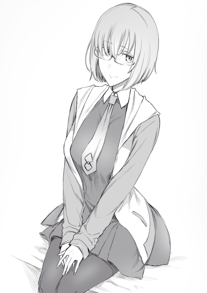 1girl blush eyebrows_visible_through_hair fate/grand_order fate_(series) glasses greyscale hair_over_eyes highres hood hood_down hoodie long_sleeves mash_kyrielight monochrome nakamura_regura necktie own_hands_together pantyhose pleated_skirt short_hair simple_background sitting skirt smile solo white_background