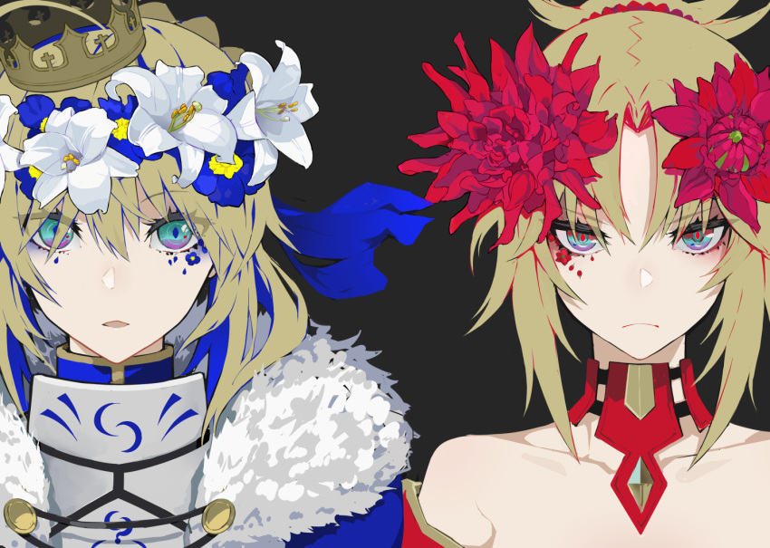 2girls ahoge aqua_eyes armor artoria_pendragon_(all) blonde_hair crown fate/grand_order fate_(series) flower green_eyes hair_bun hair_flower hair_ornament head_wreath long_hair looking_at_viewer mordred_(fate) mordred_(fate)_(all) multiple_girls ponytail ram_(ramlabo) saber