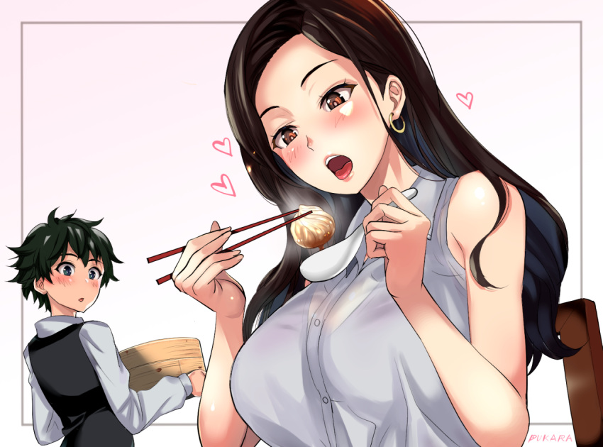 1boy 1girl age_difference black_hair blush breasts brown_eyes chair chopsticks collared_shirt dress_shirt earrings eating food heart holding holding_chopsticks holding_spoon hoop_earrings jewelry large_breasts long_hair looking_at_another open_mouth original puca-rasu see-through shirt sleeveless sleeveless_shirt tongue tongue_out vest