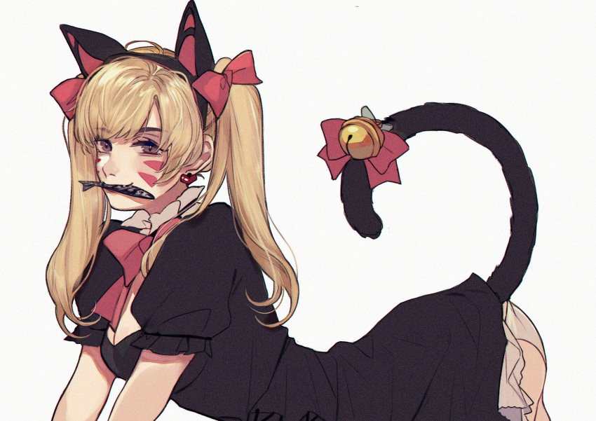1girl all_fours animal_ears bangs bell black_cat_d.va black_dress blonde_hair bow bowtie breasts cat_ears cat_tail d.va_(overwatch) dress extra_ears eyebrows_visible_through_hair ez_1011 fang fang_out fish from_side grey_background hair_bow hairband highres jingle_bell large_breasts long_hair looking_at_viewer mouth_hold overwatch panties puffy_short_sleeves puffy_sleeves red_bow red_neckwear short_sleeves simple_background slit_pupils smile solo tail tail_bell tail_bow tail_lift twintails underwear violet_eyes whisker_markings white_panties
