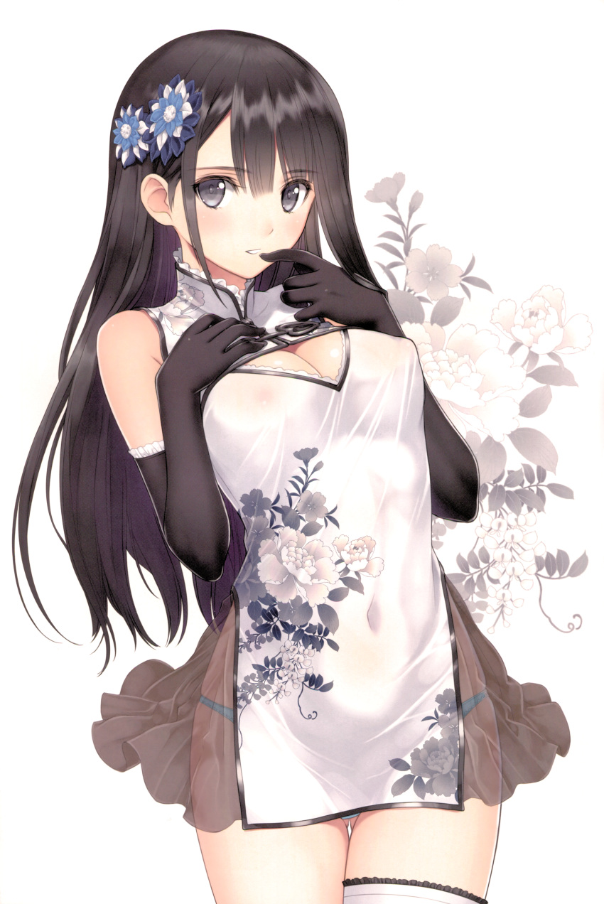 1girl absurdres bangs bare_shoulders black_gloves black_hair blue_panties blush breasts china_dress chinese_clothes cleavage cleavage_cutout covered_navel dress elbow_gloves erect_nipples eyebrows eyebrows_visible_through_hair floral_background flower frills gloves grey_eyes hair_flower hair_ornament highres long_hair looking_at_viewer medium_breasts original panties parted_lips ping-yi scan see-through simple_background sleeveless sleeveless_dress tanaka_takayuki thigh_strap underwear