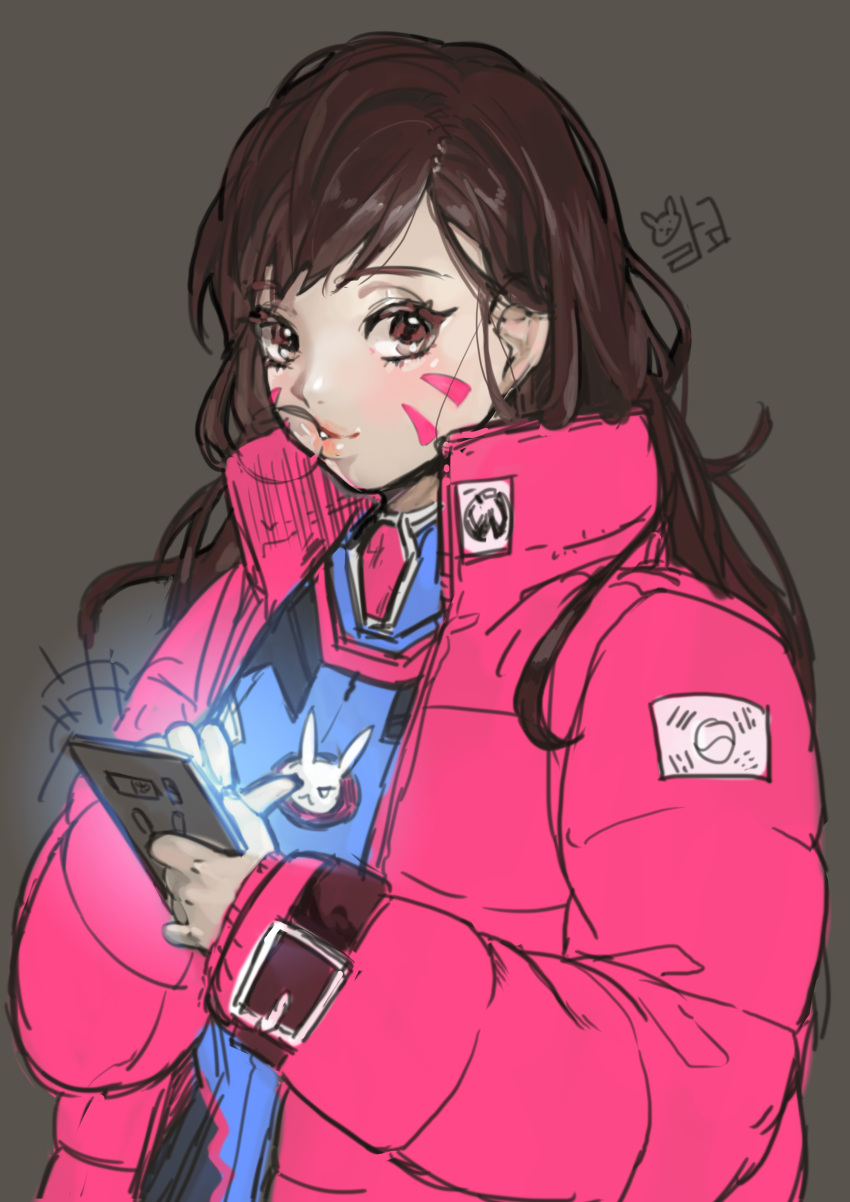 1girl absurdres alraco bodysuit brown_eyes brown_hair bubble_blowing cellphone chewing_gum d.va_(overwatch) high_collar highres jacket lips long_hair looking_at_viewer overwatch phone pilot_suit pink_jacket sketch solo whisker_markings