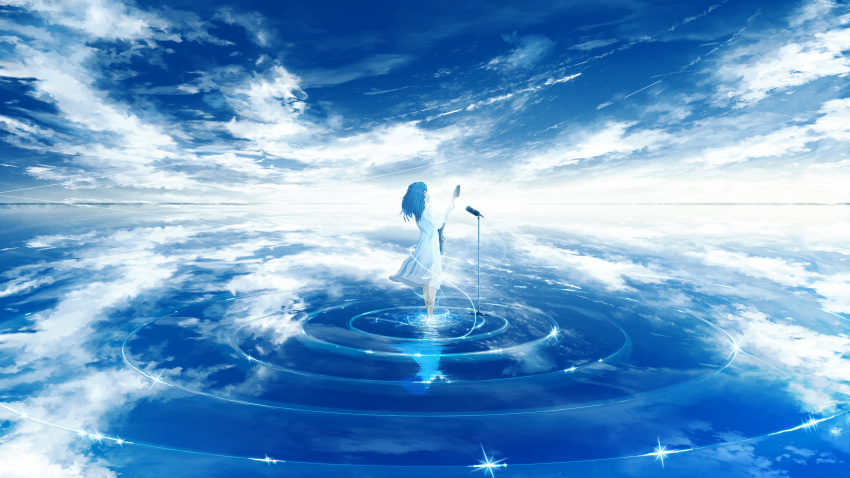 1girl blue_sky closed_mouth clouds day different_reflection dress from_side guitar highres holding horizon instrument long_hair looking_afar looking_up microphone original outdoors reflection ripples scenery sky smile solo sparkle standing wading water white_dress y_y_(ysk_ygc)
