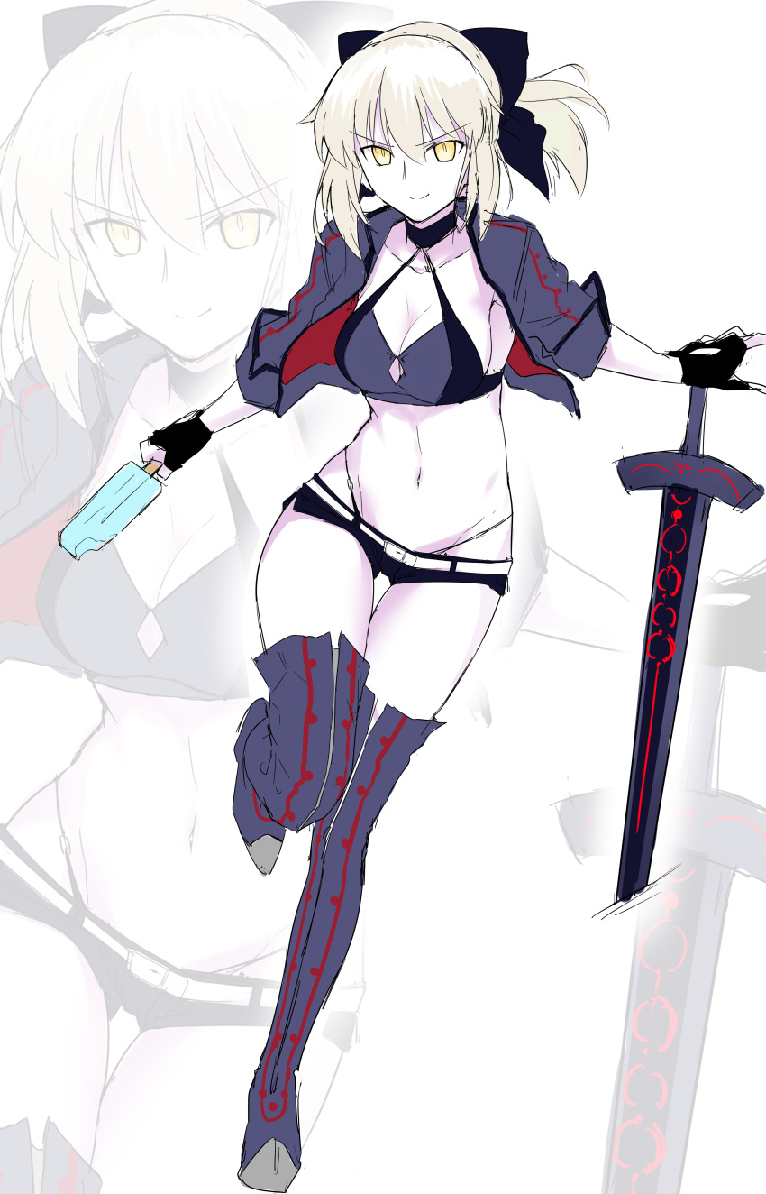 1girl absurdres artoria_pendragon_(all) artoria_pendragon_(swimsuit_rider_alter) bikini bikini_under_clothes blonde_hair breasts choker collarbone fate/grand_order fate_(series) fingerless_gloves food gloves groin hair_ribbon harukon_(halcon) highres jacket medium_breasts navel ponytail popsicle ribbon saber_alter short_hair sideboob smile solo swimsuit sword thigh-highs weapon yellow_eyes zoom_layer