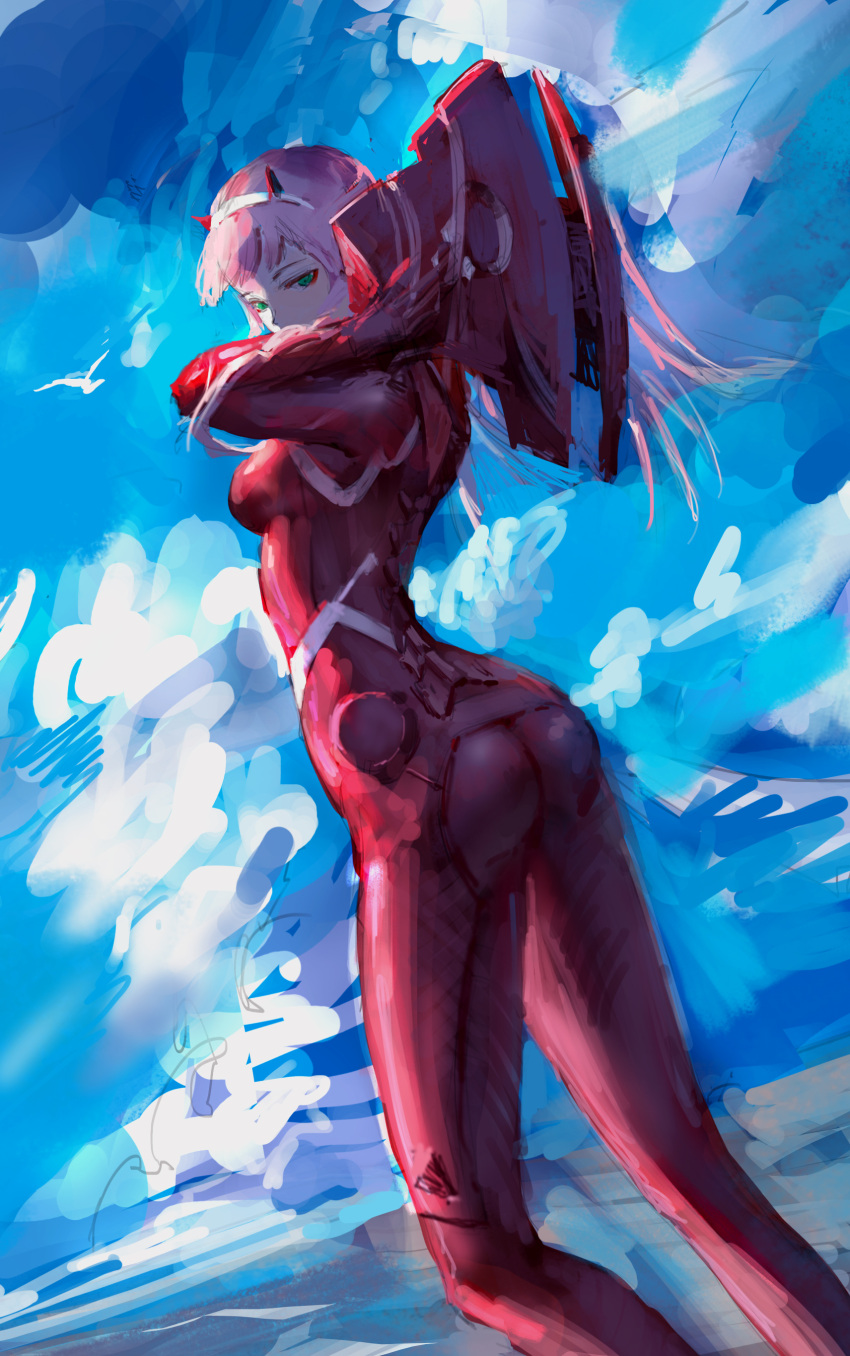 1girl absurdres arms_up ass bangs bird blue_sky bodysuit breasts darling_in_the_franxx day dutch_angle eyeshadow feet_out_of_frame from_behind green_eyes hairband highres horns legs_apart light- long_hair looking_at_viewer looking_back makeup medium_breasts outdoors pilot_suit pink_hair red_bodysuit sketch skin_tight sky solo standing tsurime white_hairband zero_two_(darling_in_the_franxx)
