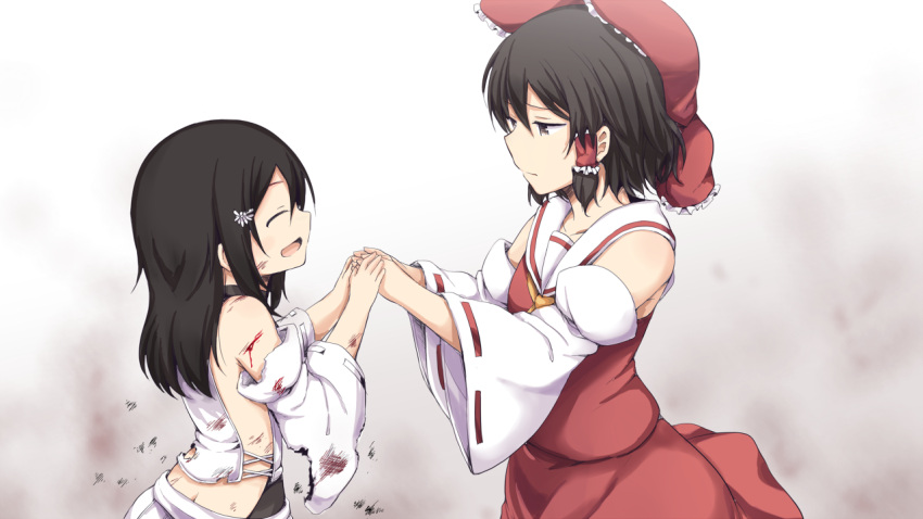 2girls black_hair blood bow brown_eyes collarbone detached_sleeves from_side hair_between_eyes hair_bow hair_ornament hair_tubes hakurei_reimu hand_holding lockheart long_hair multiple_girls red_bow red_shirt red_skirt ribbon-trimmed_sleeves ribbon_trim sendai_hakurei_no_miko shirt short_hair skirt torn_clothes torn_sleeves touhou white_skirt