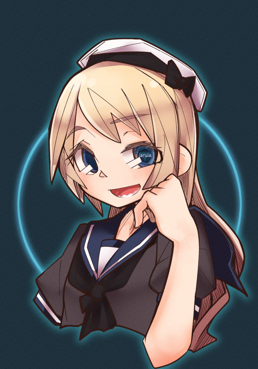 1girl :d black_neckwear blonde_hair blue_eyes blue_sailor_collar chin_rest commentary_request eyebrows_visible_through_hair glowing hat highres iron_man jervis_(kantai_collection) kantai_collection long_hair looking_at_viewer neckerchief open_mouth parody puffy_short_sleeves puffy_sleeves sailor_collar short_sleeves simple_background smile solo symbol_in_eye teeth text_in_eyes upper_body zhui