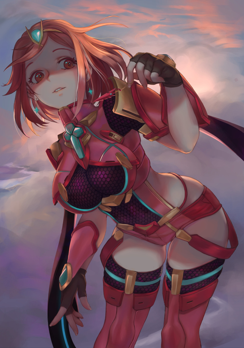 1girl bangs breasts earrings fingerless_gloves gloves hair_ornament highres pyra_(xenoblade) jewelry keychain large_breasts leaning_forward parted_lips preview_(preview0) red_eyes redhead short_hair short_shorts shorts solo swept_bangs tiara xenoblade_2