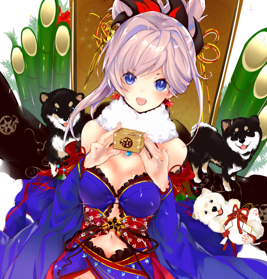 1girl bamboo blue_dress blue_eyes blush breasts cleavage detached_sleeves dog dress fate/grand_order fate_(series) hair_ornament highres itohime long_hair looking_at_viewer medium_breasts midriff miyamoto_musashi_(fate/grand_order) navel new_year o-ring open_mouth ponytail sidelocks silver_hair sleeveless sleeveless_dress solo stomach
