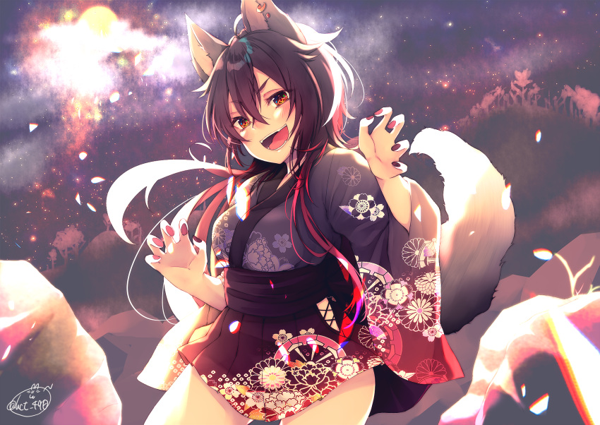 1girl :d animal_ears bangs black_kimono black_skirt blush breasts brown_eyes brown_hair brown_nails chita_(ketchup) commentary_request cowboy_shot ear_piercing eyebrows_visible_through_hair fingernails floral_print fox_ears fox_girl fox_tail gradient_hair hair_between_eyes highres japanese_clothes kimono long_hair medium_breasts mountain multicolored_hair nail_polish open_mouth original outdoors piercing pleated_skirt print_kimono print_skirt redhead rock short_kimono signature skirt sky smile solo star_(sky) starry_sky tail tree v-shaped_eyebrows very_long_hair