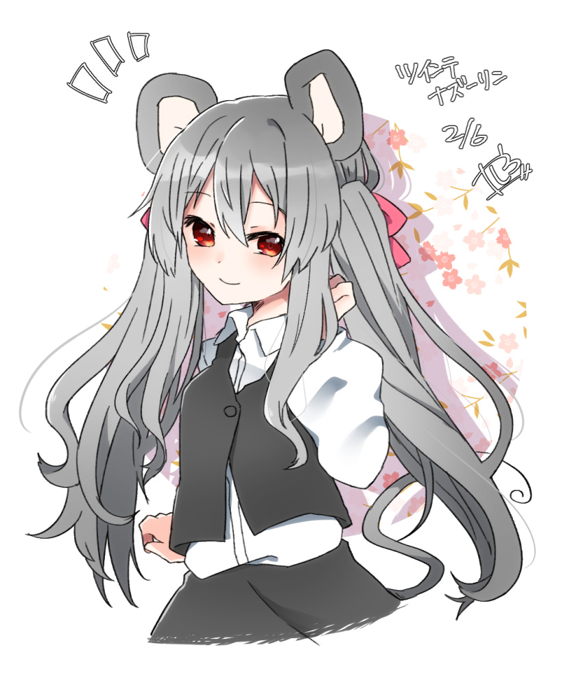 /\/\/\ 1girl abe_suke alternate_hair_length alternate_hairstyle animal_ears bangs black_skirt brown_eyes buttons character_name closed_mouth collared_shirt commentary_request eyebrows_visible_through_hair grey_hair highres long_hair long_sleeves looking_at_viewer mouse_ears nazrin shirt sidelocks signature skirt smile solo touhou twintails upper_body white_shirt