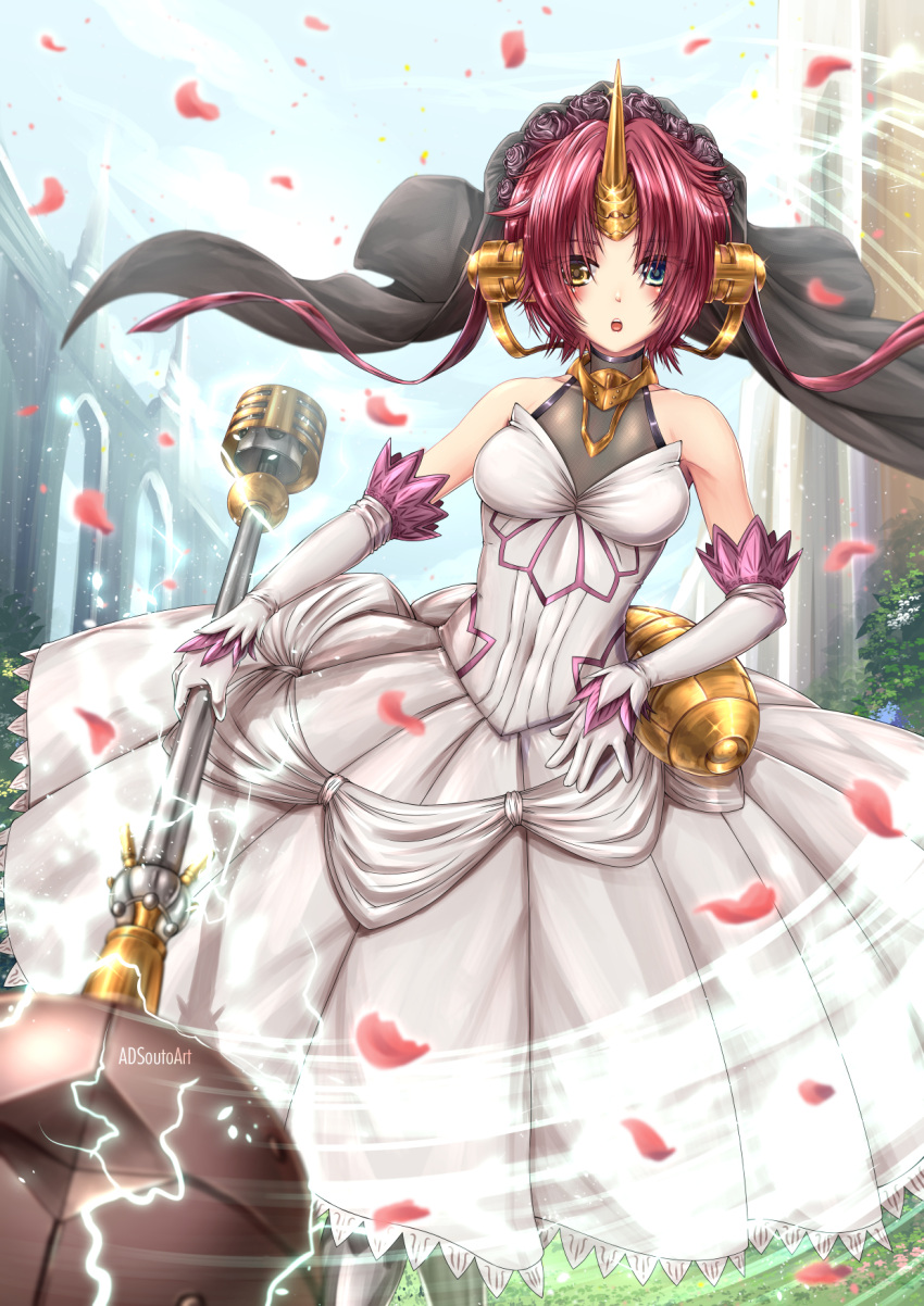1girl adsouto artist_name blue_eyes blush day dress elbow_gloves eyebrows_visible_through_hair fate/apocrypha fate_(series) frankenstein's_monster_(fate) gloves grey_dress grey_gloves hair_between_eyes heterochromia highres holding holding_weapon horn looking_at_viewer open_mouth outdoors petals redhead short_hair_with_long_locks sidelocks sleeveless sleeveless_dress solo weapon wedding_dress yellow_eyes