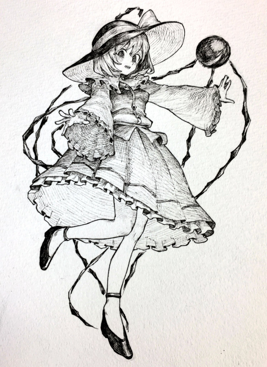 1girl bent_knee blouse bow breasts eyeball frilled_skirt frills full_body hat hat_bow highres komeiji_koishi long_sleeves looking_at_viewer mashimashi monochrome open_hands shoes short_hair simple_background skirt small_breasts solo standing standing_on_one_leg third_eye touhou traditional_media wide_sleeves