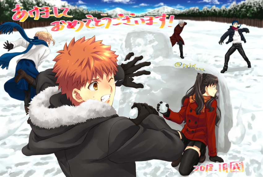 2girls 3boys archer arm_support artoria_pendragon_(all) black_coat black_gloves black_hair black_pants black_skirt blonde_hair blue_hair blue_scarf blue_skirt brown_eyes brown_hair clenched_teeth dark_skin day emiya_shirou fate/stay_night fate_(series) fur_trim gloves hood lancer long_hair looking_back miniskirt multiple_boys multiple_girls one_eye_closed orange_scarf outdoors pants pleated_skirt ponytail saber scarf shirt short_hair_with_long_locks sidelocks silver_hair skirt smile snowball snowball_fight spiky_hair takeluuu teeth thigh-highs throwing tohsaka_rin twintails white_shirt zettai_ryouiki