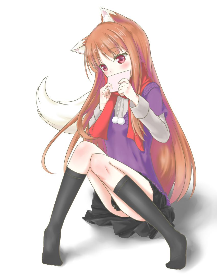 1girl absurdres animal_ears black_legwear black_skirt blush brown_hair envelope greatholo highres holo letter long_hair red_eyes scarf shadow sitting skirt sleeveless spice_and_wolf tail white_background wolf_ears wolf_tail