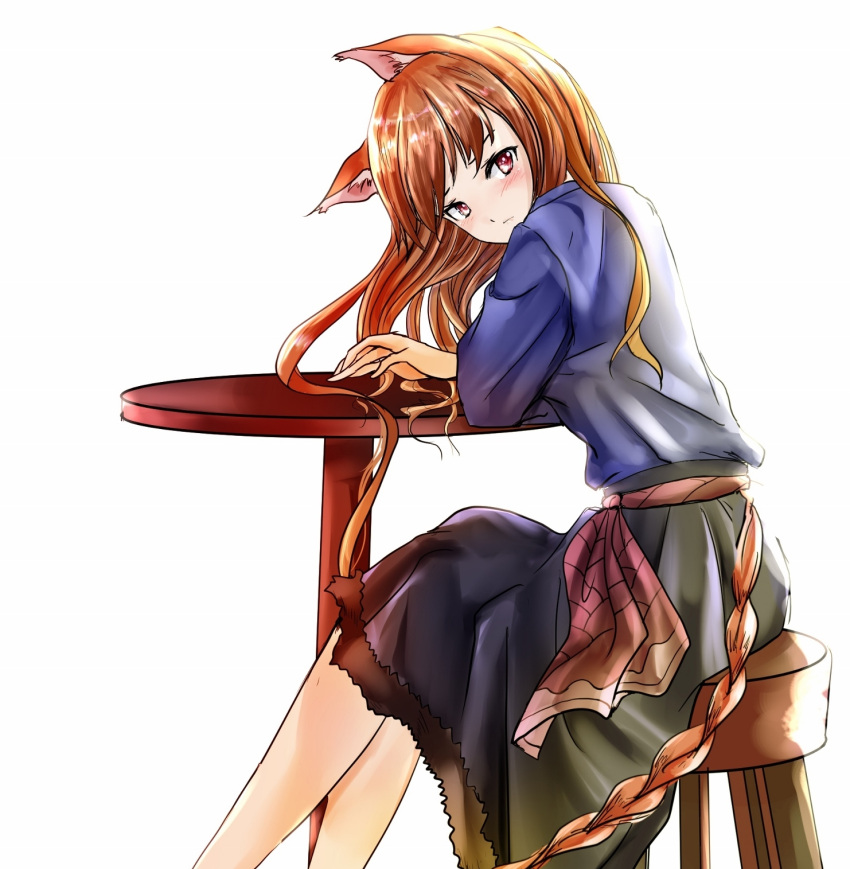 1girl animal_ears brown_hair highres holo long_hair no_tail nyago red_eyes simple_background sitting skirt spice_and_wolf table tagme wolf_ears
