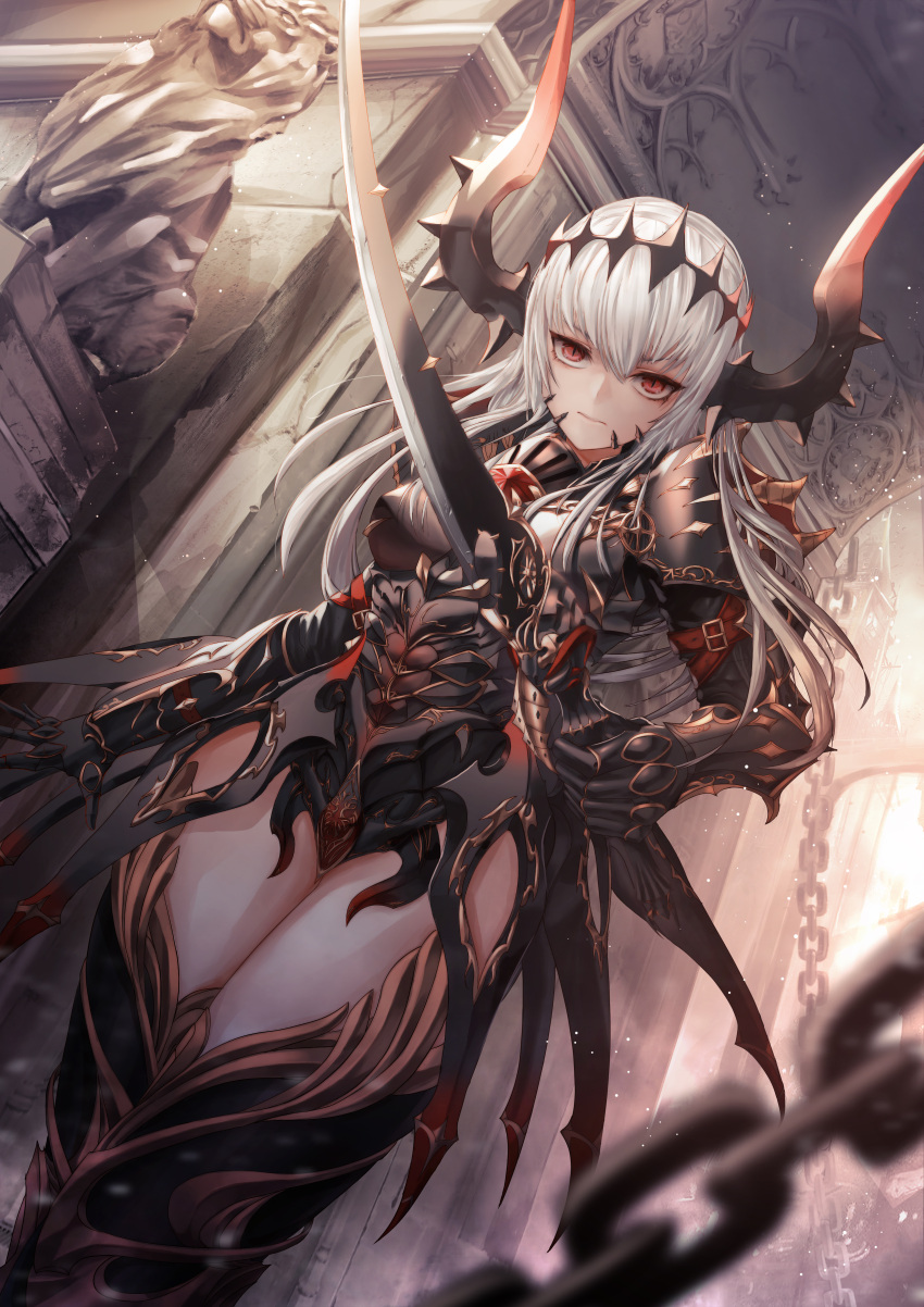 1girl absurdres armor bangs blurry breastplate breasts chains closed_mouth depth_of_field dutch_angle gauntlets hair_between_eyes highres holding holding_sword holding_weapon horns looking_at_viewer original panamuru pauldrons red_eyes serious slit_pupils solo standing sword vambraces weapon white_hair