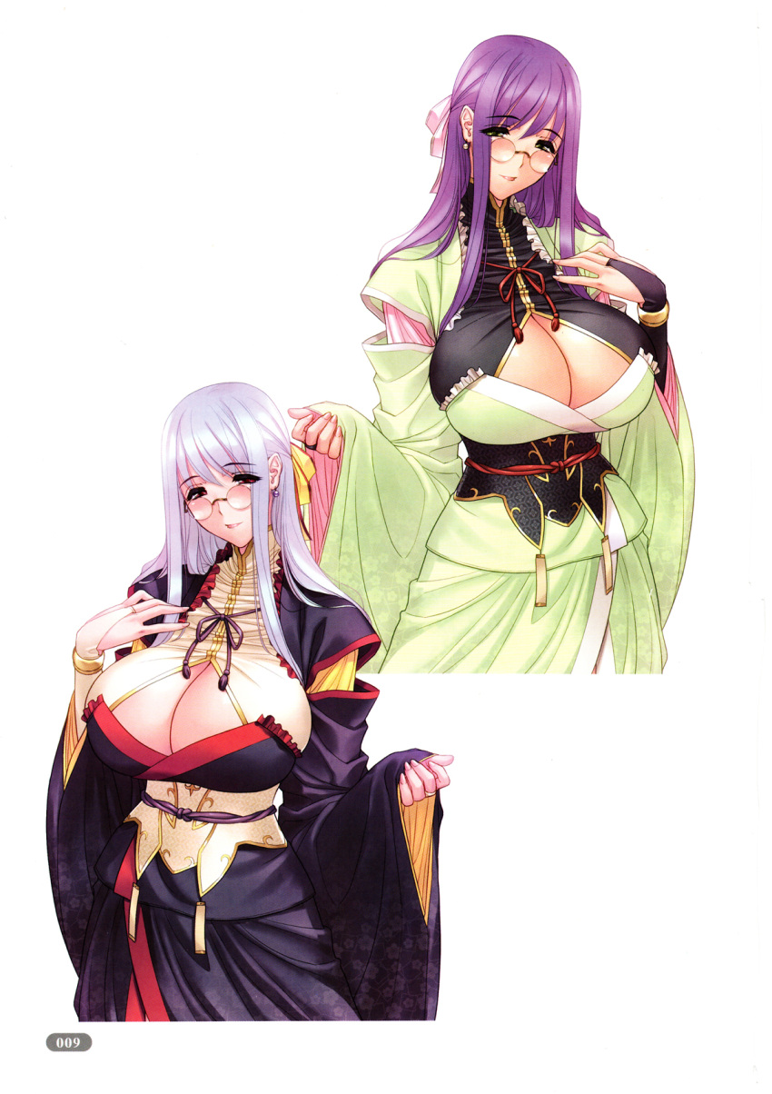 1girl alternate_color bow breasts bridal_gauntlets cleavage cleavage_cutout earrings floral_print frills green_eyes hair_bow highres japanese_clothes jewelry large_breasts lavender_hair lips long_hair long_sleeves magaki_ryouta original page_number purple_hair red_eyes scan simple_background turtleneck white_background wide_sleeves